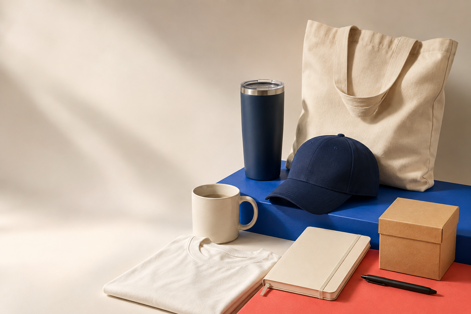 Colección de termo, bolsa, gorra, taza, playera y libreta promocionales